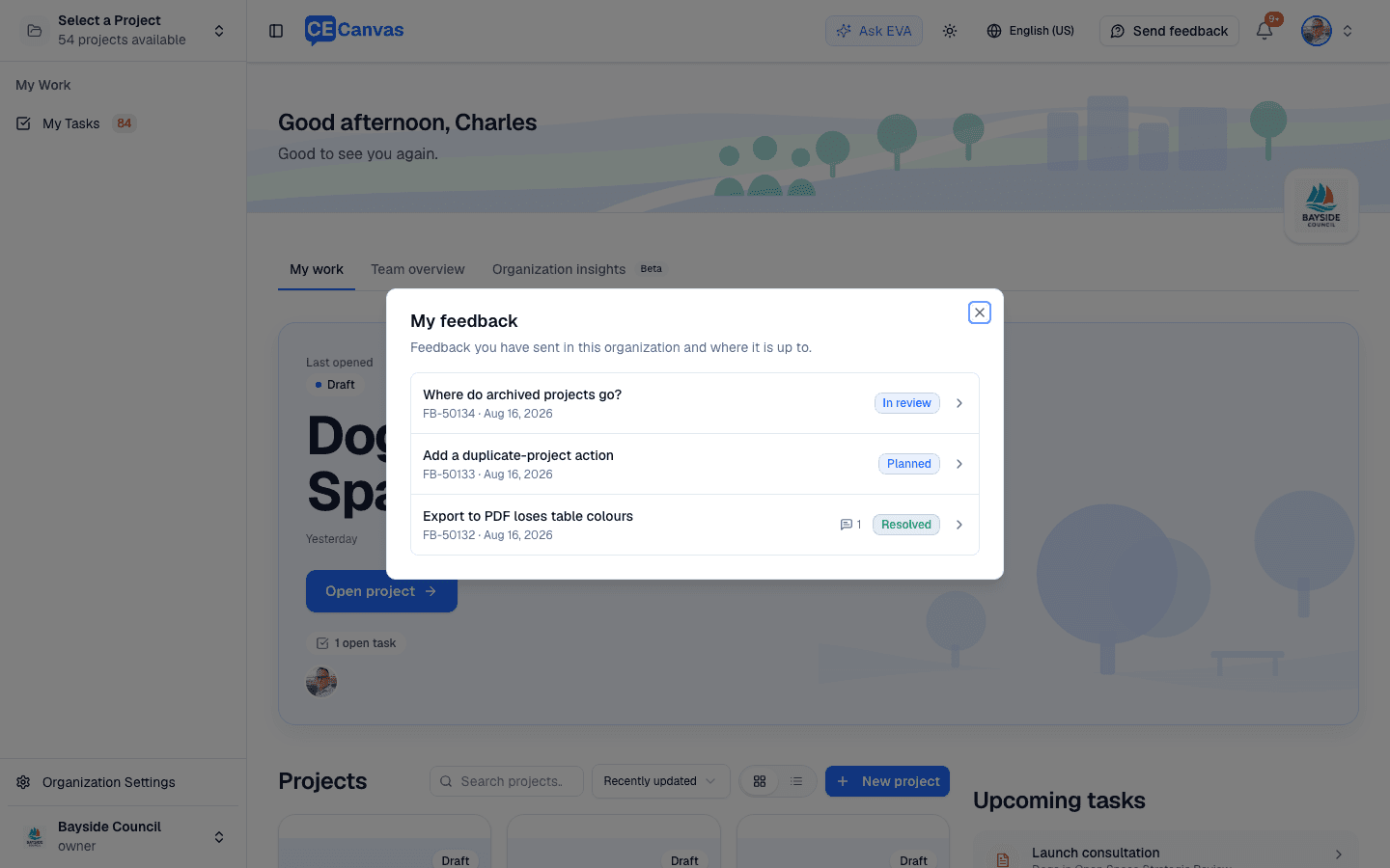 The My feedback dialog listing sent reports with their status