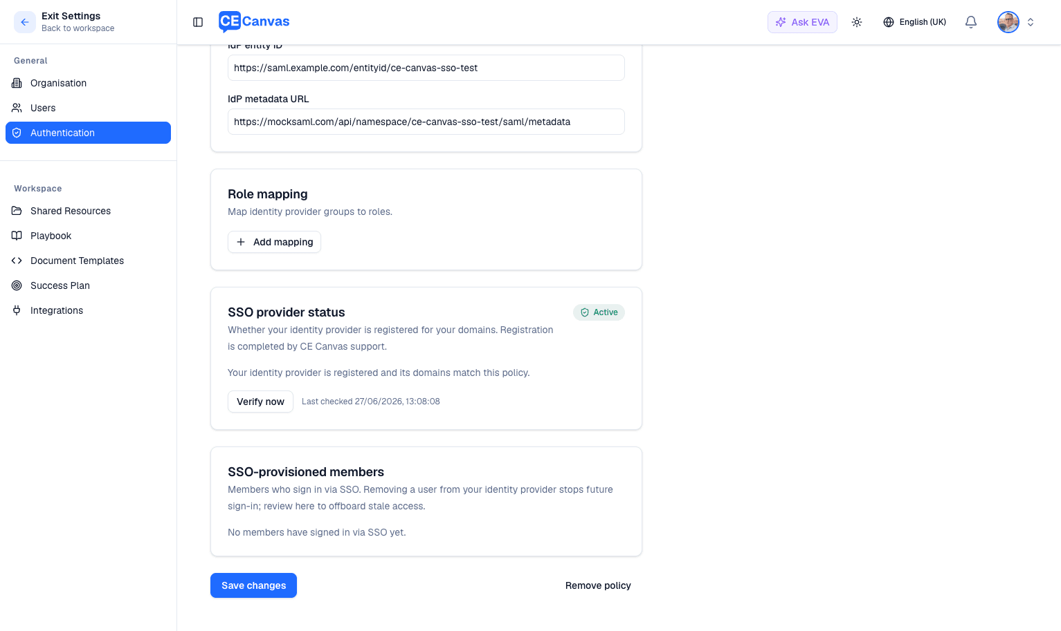 Organisation Authentication settings page showing a configured SAML provider, email domains, sign-in policies, provider status, and SSO-provisioned members