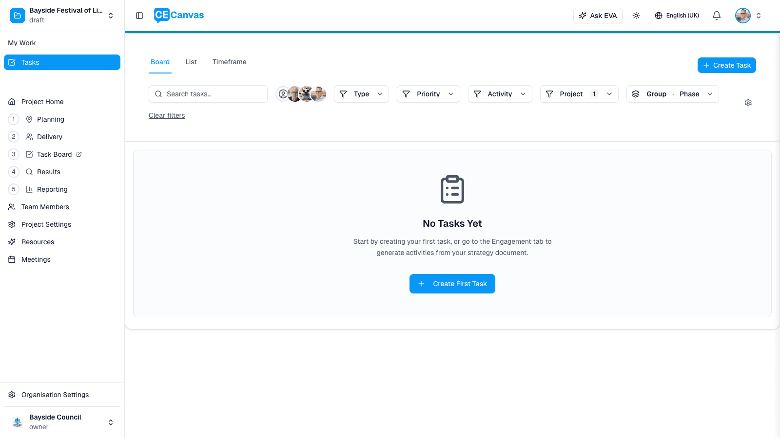 Task Board in Board view showing the toolbar with filters, grouping, and Create Task button