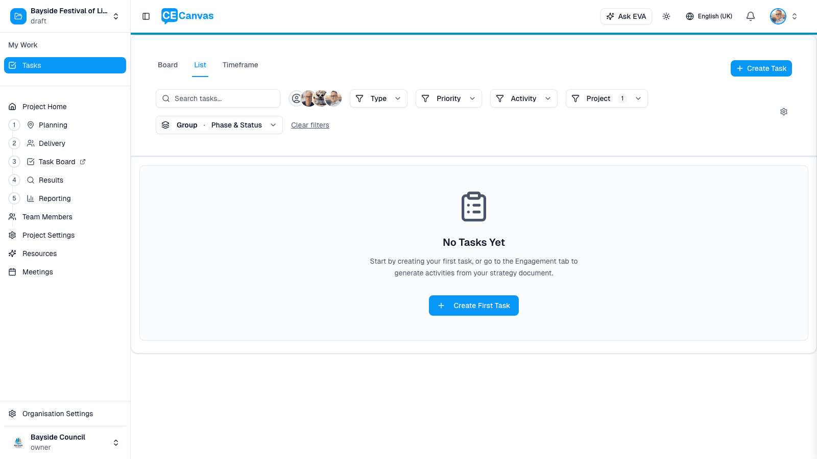 Task Board in List view showing the Group and filter controls in the toolbar