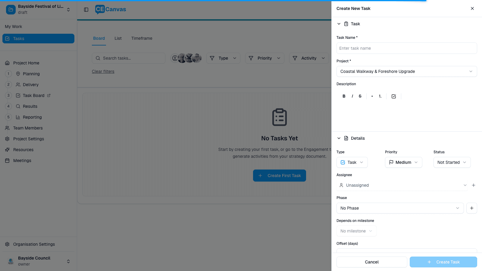 Create New Task panel showing Task Name, Project, Type, Priority, Status, Assignee, Phase, and milestone dependency fields